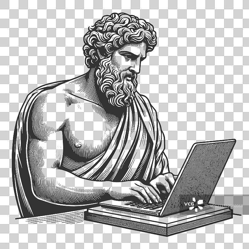 在笔记本电脑上打字的古典雕像图片素材