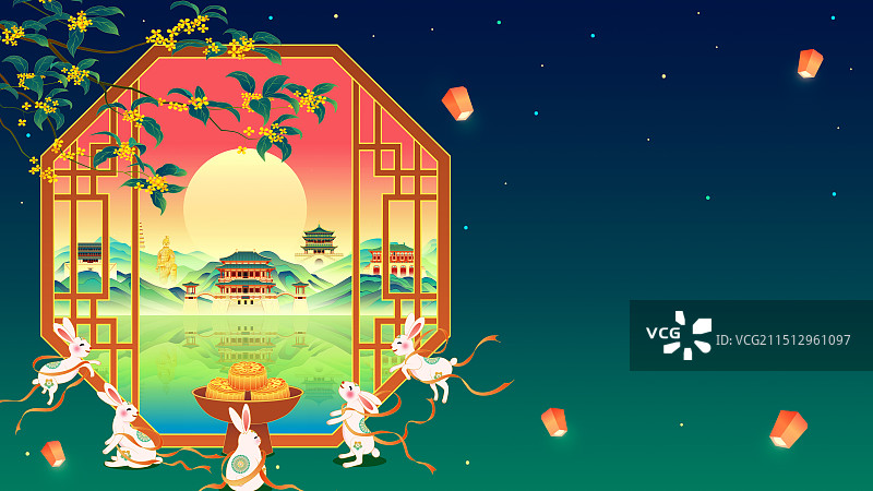 城市西安中秋玉兔飞天桂花国潮插画图片素材