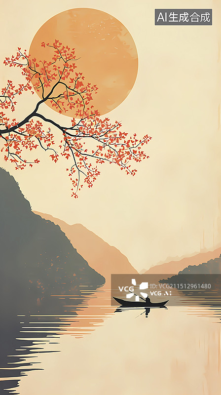 【AI数字艺术】橘粉色秋季水面风景插画背景海报装饰画图片素材