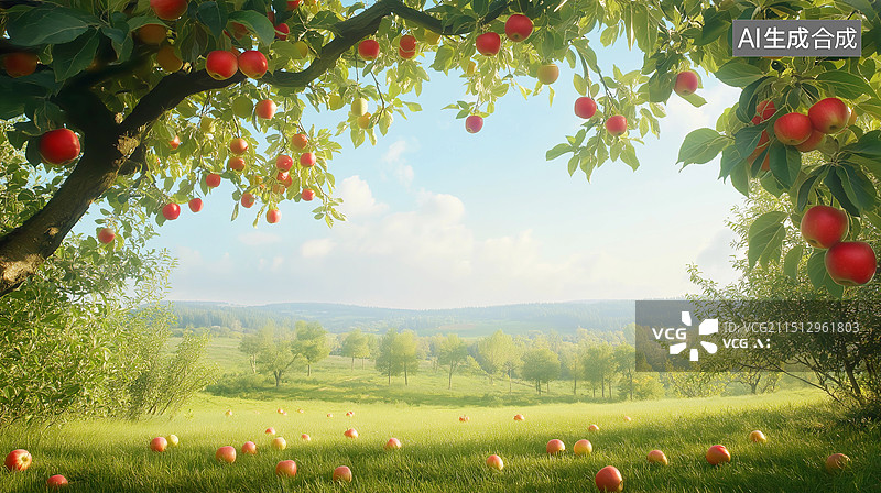 【AI数字艺术】秋天丰收主题海报——苹果园里成熟的苹果图片素材