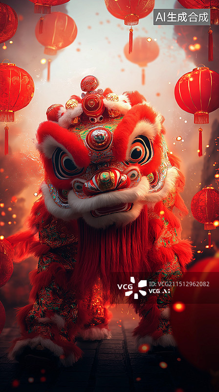 【AI数字艺术】中国春节主题海报——舞狮图片素材