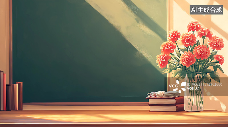 【AI数字艺术】教师节主题插画——教室里的一束康乃馨图片素材