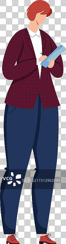 红发女子身穿格子西装和蓝色裤子图片素材