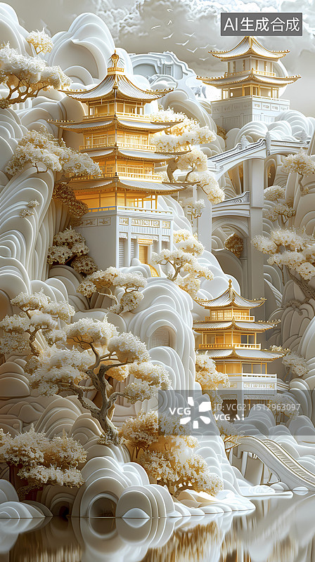 【AI数字艺术】白色剪纸园林艺术建筑插画海报背景装饰画图片素材