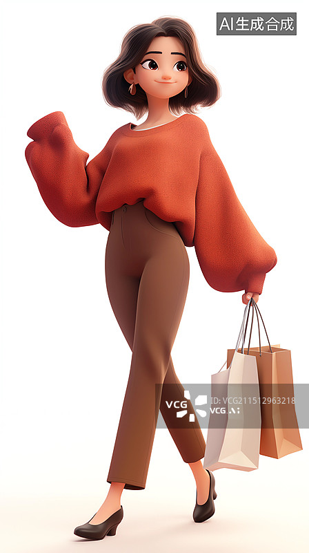 【AI数字艺术】3D时尚女性人物元素——穿着秋季时尚服装的女人拎着购物袋图片素材