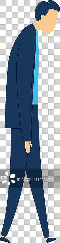 沮丧的商人低头行走，身穿蓝色西装图片素材