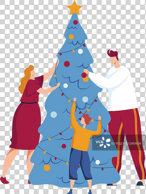 一家人一起装饰圣诞树，其乐融融图片素材