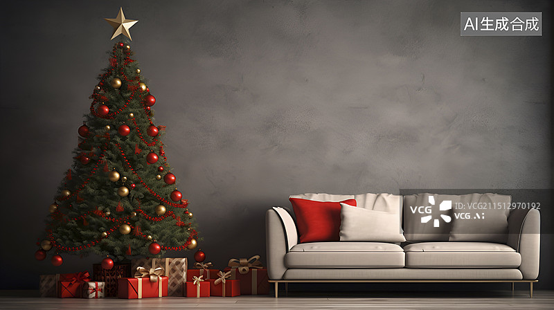 【AI数字艺术】圣诞节室内圣诞树与礼物图片素材