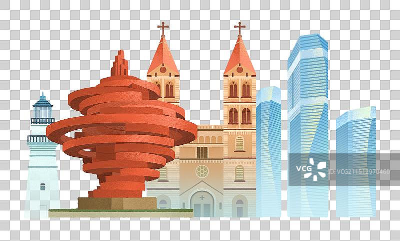 山东青岛城市地标建筑扁平设计插画图片素材