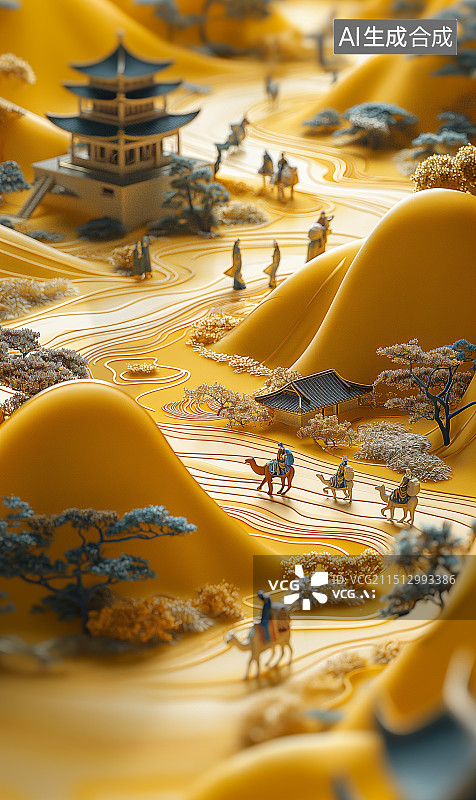 【AI数字艺术】丝绸之路上贸易往来的骆驼商队模型图片素材