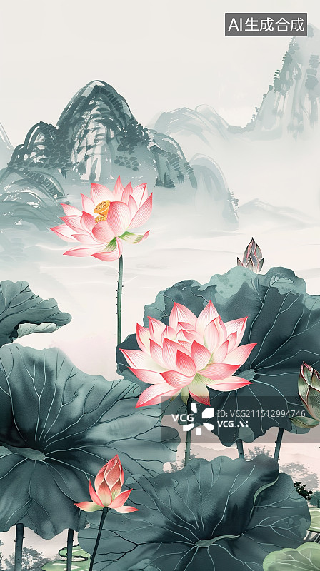 【AI数字艺术】写意荷花山水图图片素材