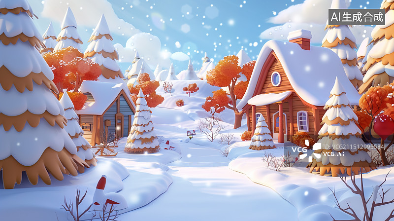 【AI数字艺术】雪地村庄场景图片素材