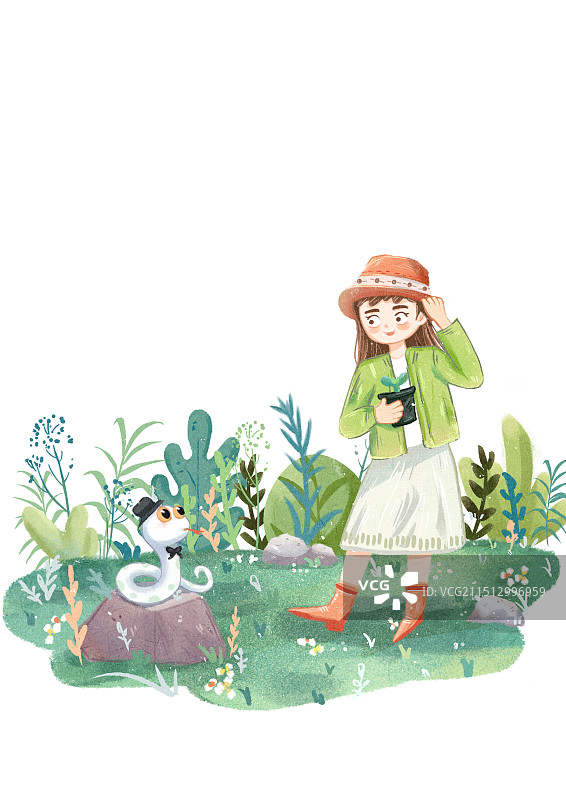 在草丛中的女孩与蛇春日草地绿草图片素材