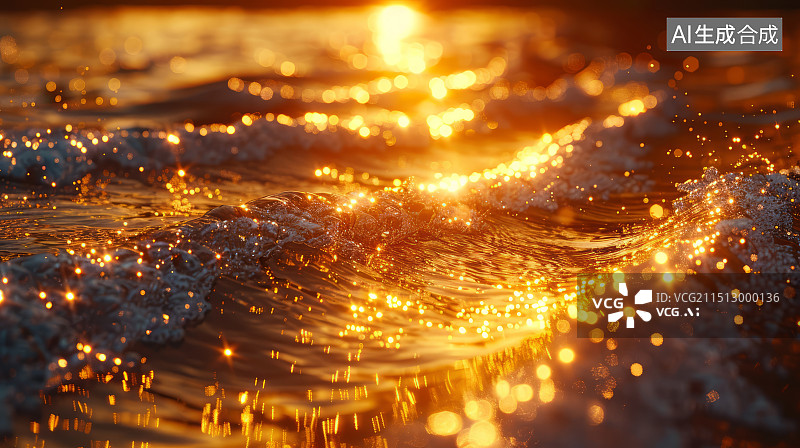 【AI数字艺术】日落黄昏海面反射金色光芒的波浪图片素材