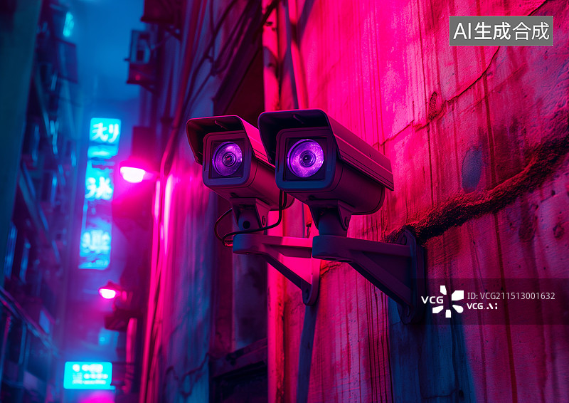 【AI数字艺术】赛博朋克风格的街道布满监控摄像头图片素材