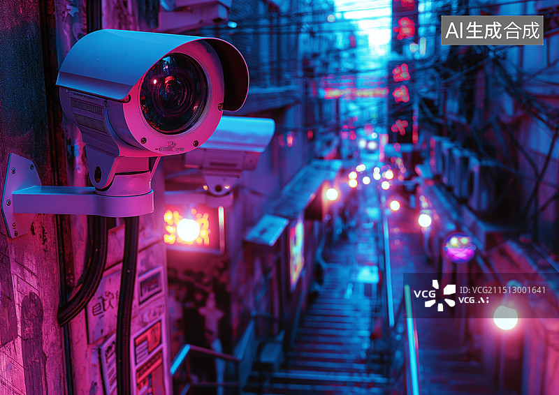 【AI数字艺术】赛博朋克风格的街道布满监控摄像头图片素材