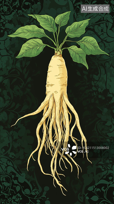 【AI数字艺术】一支有叶的人参山参扁平插画绘画图片素材