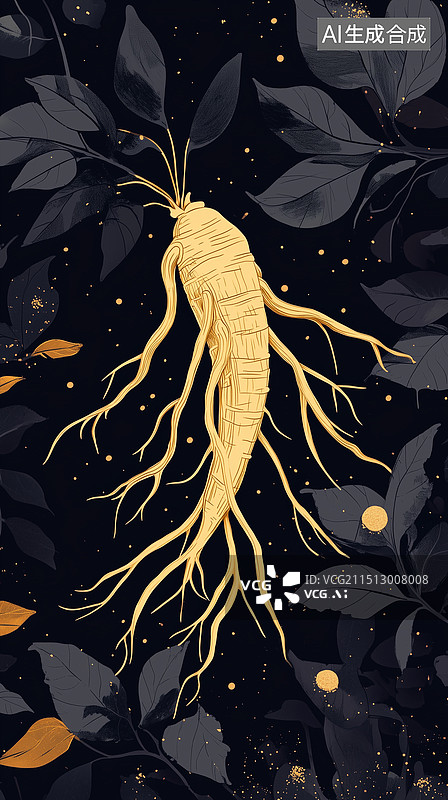 【AI数字艺术】一支有叶的人参山参扁平插画绘画图片素材