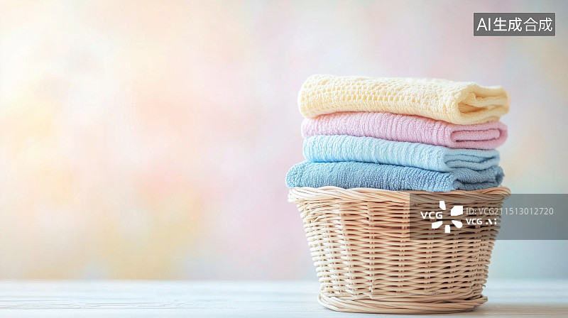【AI数字艺术】桌上篮子里的彩色毛巾特写镜头图片素材