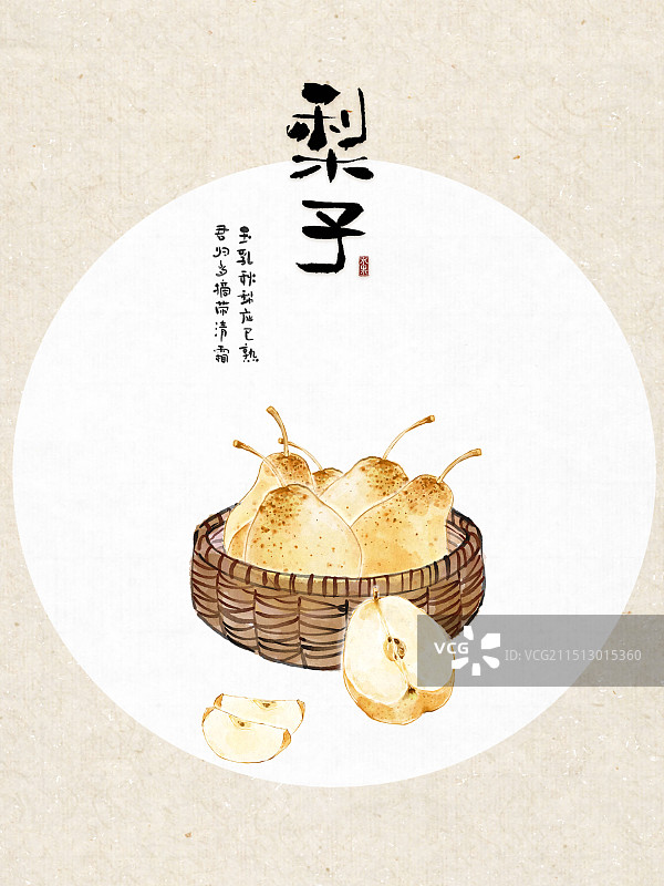 一筐水果香梨梨子-古风水墨国画水彩设计模板海报图片素材