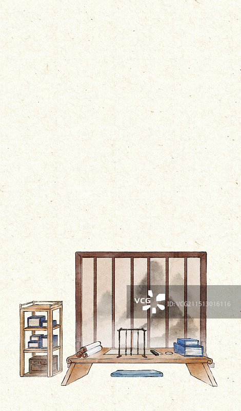古代学校里 的书案书桌与屏风—古风水墨国画水彩插画图片素材
