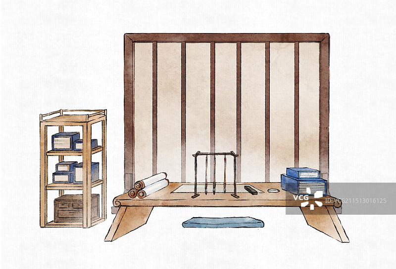 古代学校里 的书案书桌与屏风—古风水墨国画水彩插画图片素材