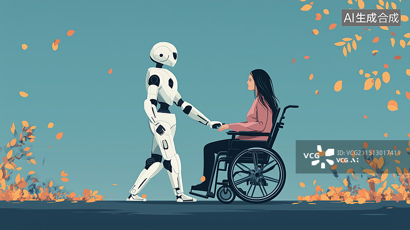 【AI数字艺术】一个机器人在帮助照顾一个病人，插画风格图片素材