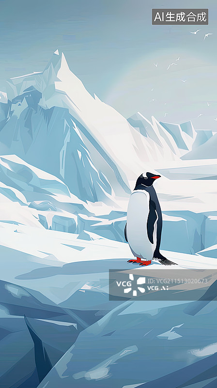 【AI数字艺术】治愈系动物主题的手机壁纸南极企鹅和冰川图片素材