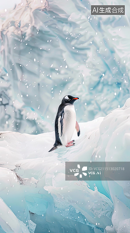 【AI数字艺术】治愈系动物主题的手机壁纸南极企鹅和冰川图片素材
