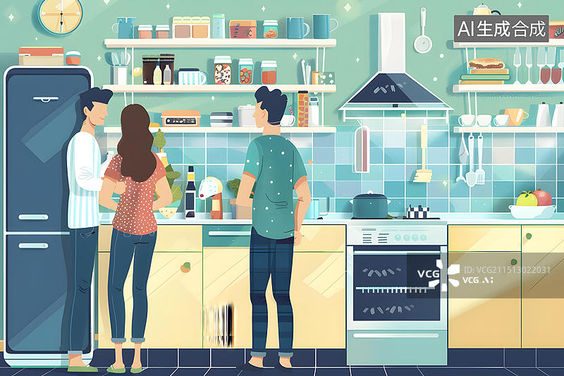 【AI数字艺术】现代厨房里朋友们一起做饭图片素材