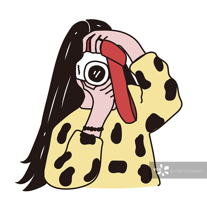 长发女孩拿相机拍照矢量插画图片素材