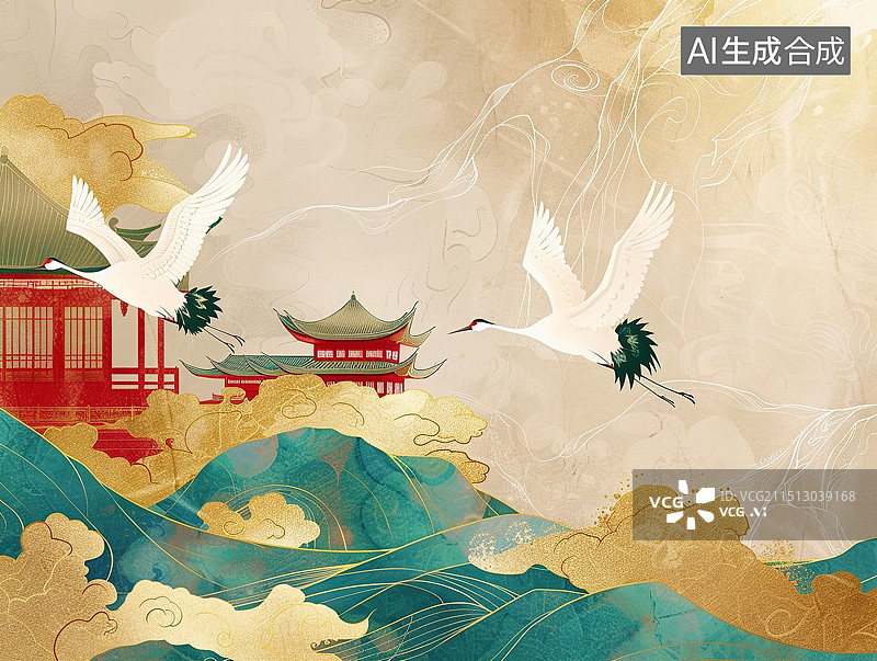 【AI数字艺术】国风仙鹤场景图片素材