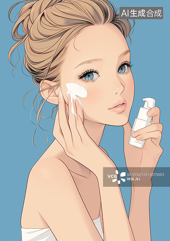 【AI数字艺术】一个漂亮女生正用洗面奶洗脸护肤图片素材