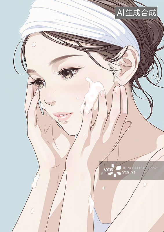 【AI数字艺术】一个漂亮女生正用洗面奶洗脸护肤图片素材