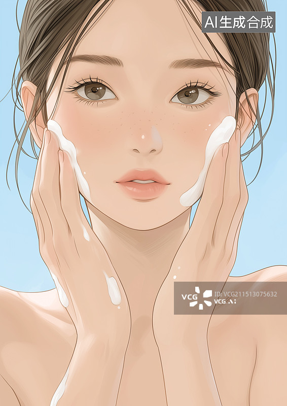 【AI数字艺术】一个漂亮女生正用洗面奶洗脸护肤图片素材