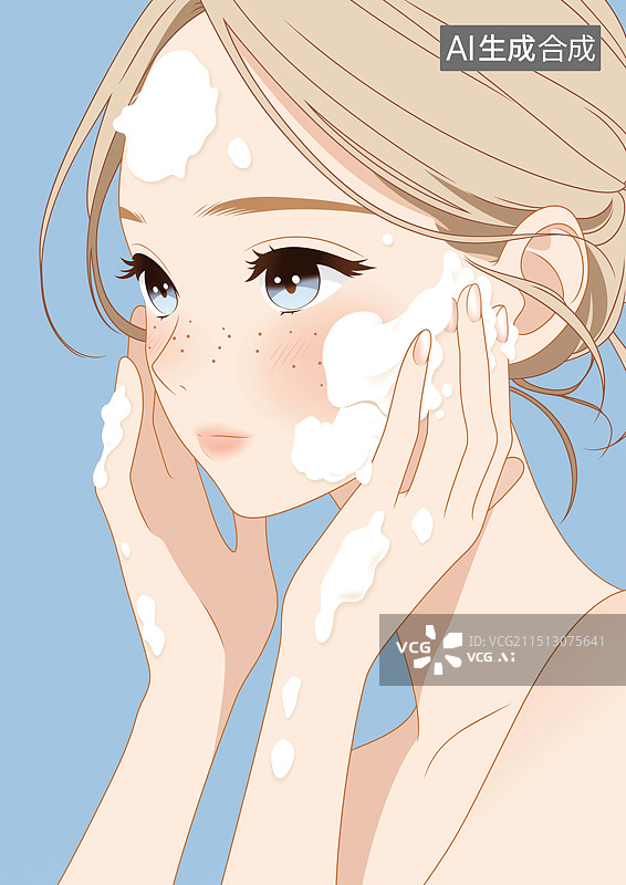 【AI数字艺术】一个漂亮女生正用洗面奶洗脸护肤图片素材