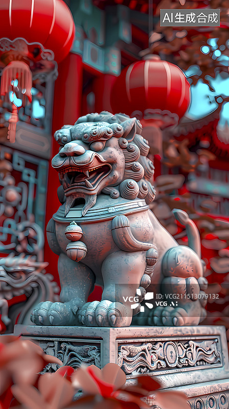【AI数字艺术】赛博石头狮子雕像和灯笼抽象背景图片素材
