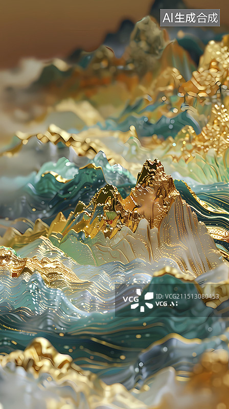 【AI数字艺术】金绿色立体山水画插画背景装饰画图片素材