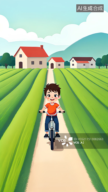 【AI数字艺术】平面插画风格，绿油油的田地，乡间小路，小朋友骑着自行车图片素材