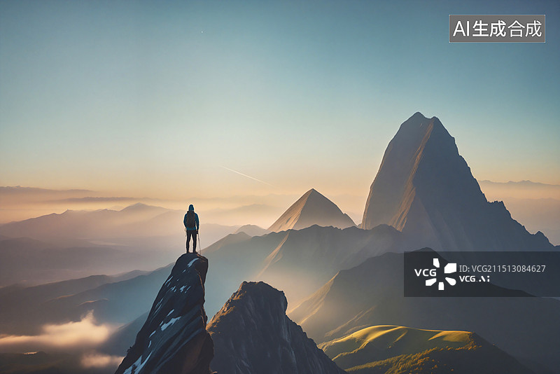 【AI数字艺术】日落时站在山上的人的后视图图片素材