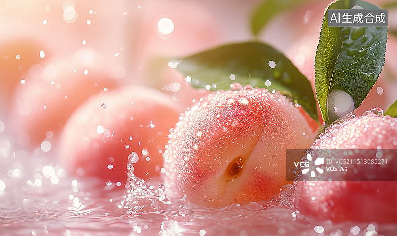 【AI数字艺术】清新日本白桃搭配水花溅起于纯色背景，多汁闪亮的白桃带绿叶，打造明亮迷人的夏日氛围，高分辨率，新鲜自然图片素材