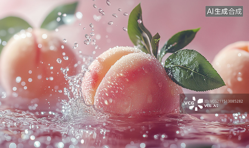【AI数字艺术】清新日本白桃搭配水花溅起于纯色背景，多汁闪亮的白桃带绿叶，打造明亮迷人的夏日氛围，高分辨率，新鲜自然图片素材