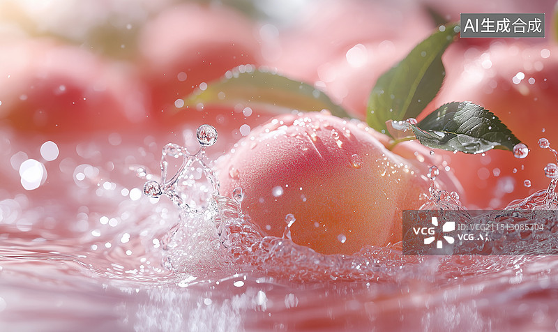 【AI数字艺术】清新日本白桃搭配水花溅起于纯色背景，多汁闪亮的白桃带绿叶，打造明亮迷人的夏日氛围，高分辨率，新鲜自然图片素材