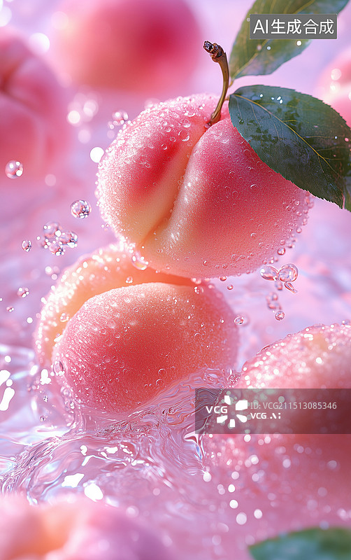 【AI数字艺术】清新日本白桃搭配水花溅起于纯色背景，多汁闪亮的白桃带绿叶，打造明亮迷人的夏日氛围，高分辨率，新鲜自然图片素材