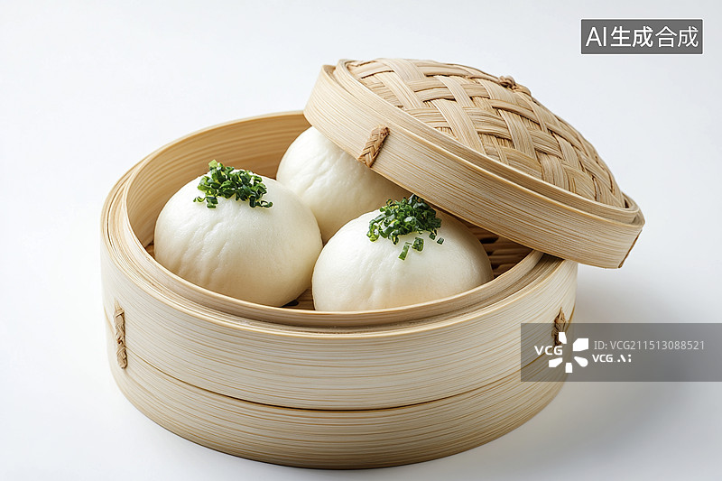 【AI数字艺术】中国食品包子蒸笼特写图片素材