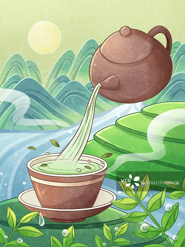 手绘茶叶茶壶泡茶茶田插画图片素材