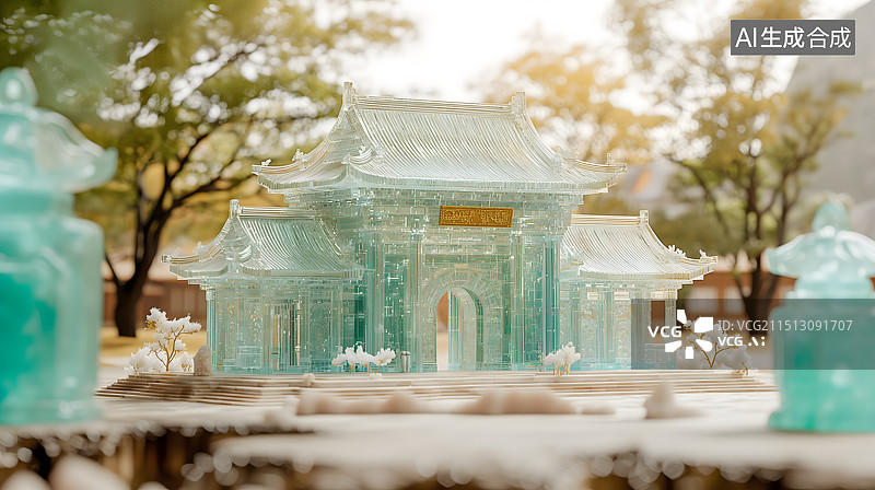 【AI数字艺术】透明琉璃材质中式建筑图片素材