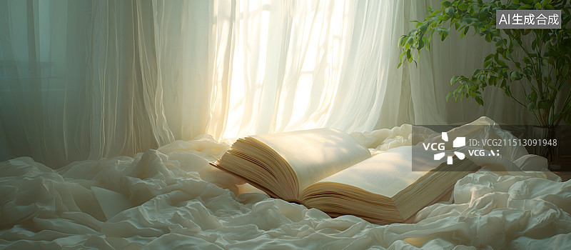 【AI数字艺术】午后窗台上一本摊开的书图片素材