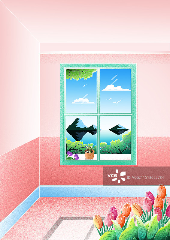 手绘插画房间窗景图片素材