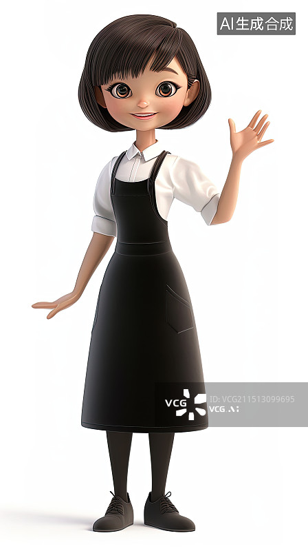 【AI数字艺术】穿餐厅服务员服装的年轻中国女孩3D卡通插画图片素材
